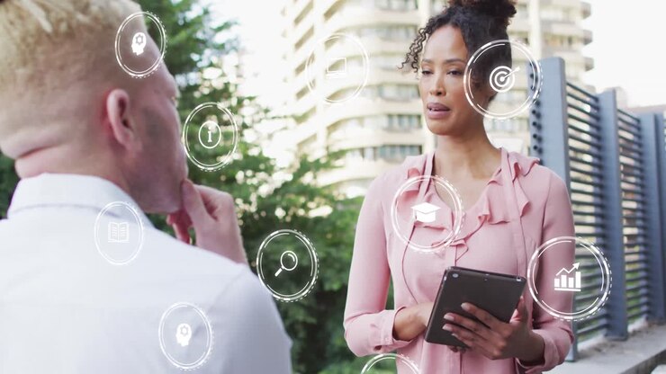 Animation of icons and data processing over diverse business people in city