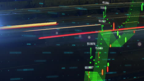 animation of financial data processing against time-lapse of night city traffic