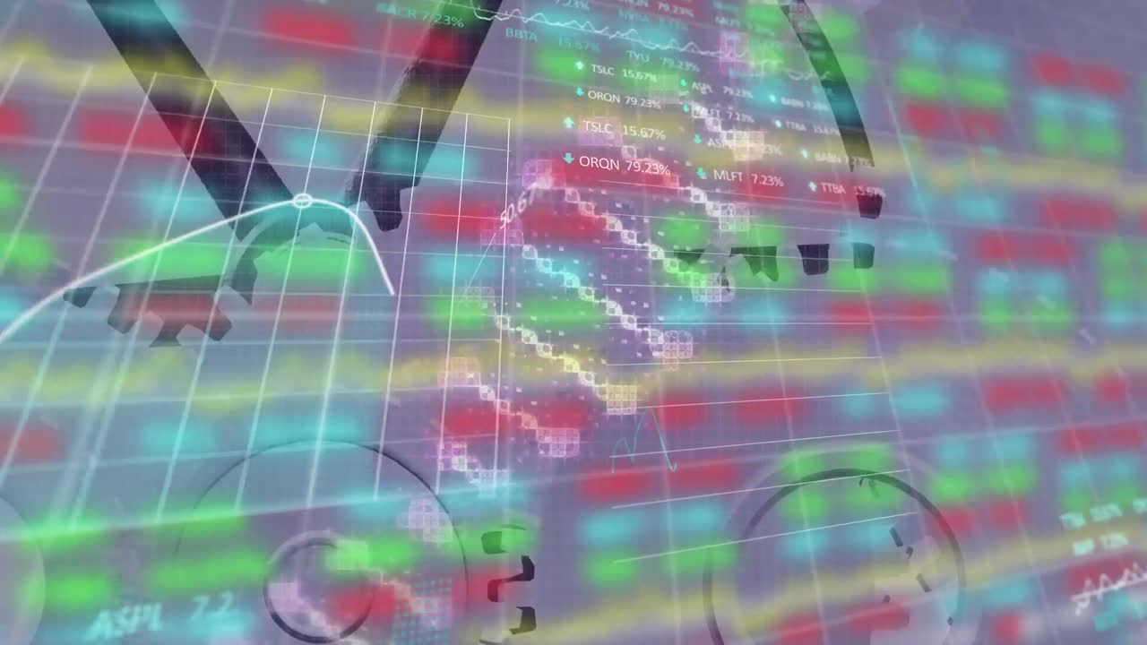 animación de estadísticas y procesamiento de datos sobre cadena y rueda de adn