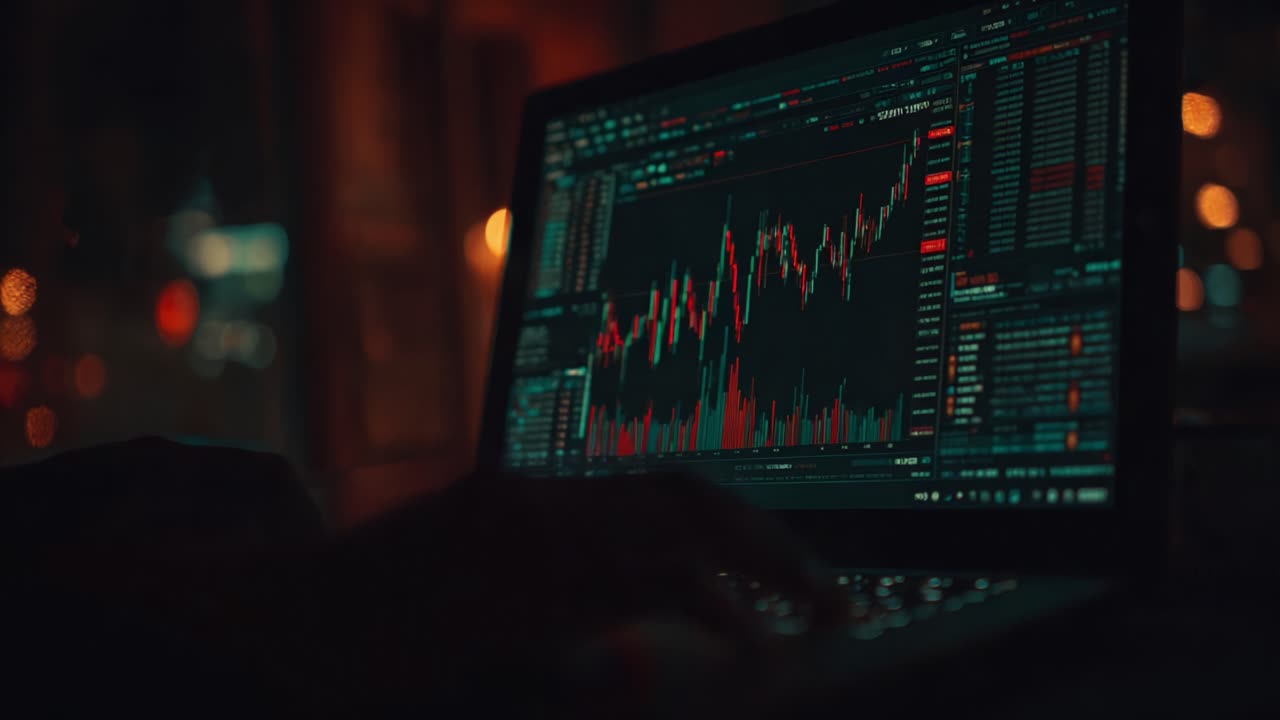 A Close-Up View of Financial Market Analysis on a Laptop Screen During a Nighttime Trading Session, Featuring Dynamic Stock Charts and Data Visualizations