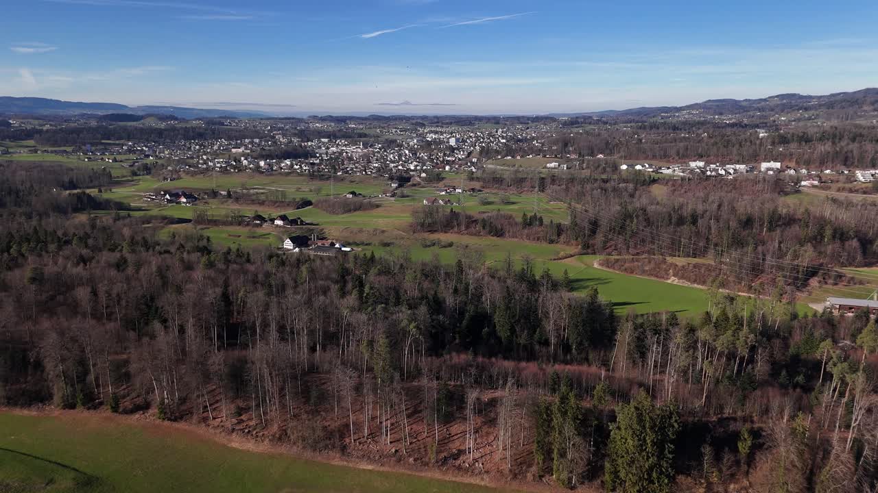 Rapperswil-Jona med frodige grønne jorder og treklynger, klar dag, luftfoto.