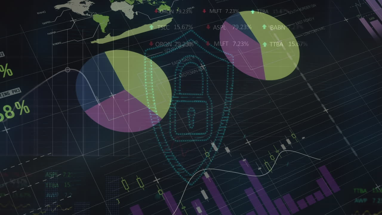 Animation of graphs and financial data over digital padlock on black background