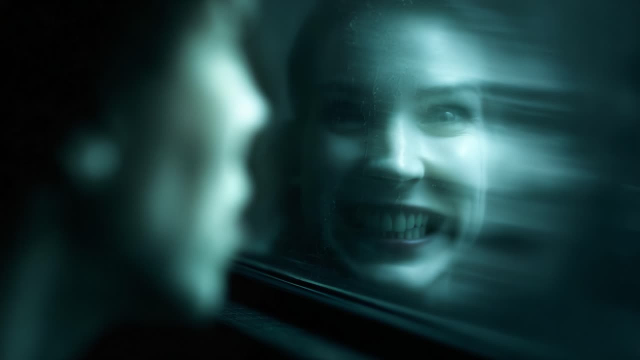 A Haunting Contrast: Capturing the Transitory Emotions of a Young Woman's Changing Expression Reflected in a Window Amidst Fast-Paced Movement