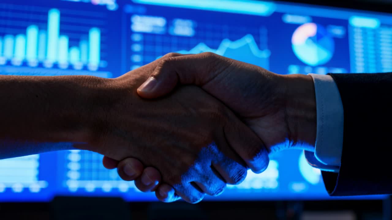 Meeting hands, partners sealing deal with firm handshake in trading room, suit cuff and monitors