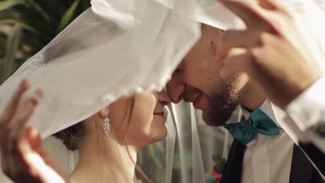 Newlyweds.-Caucasian-groom-with-bride-kissing-under-the-veil.-Wedding-couple