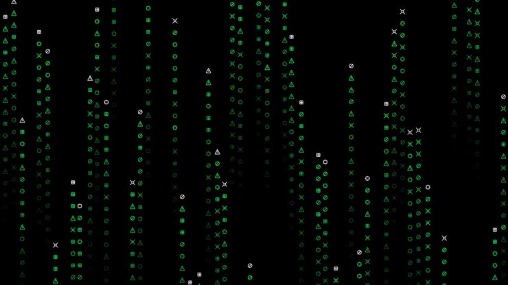 Digital Matrix Style Falling Geometric Symbols on Black Background