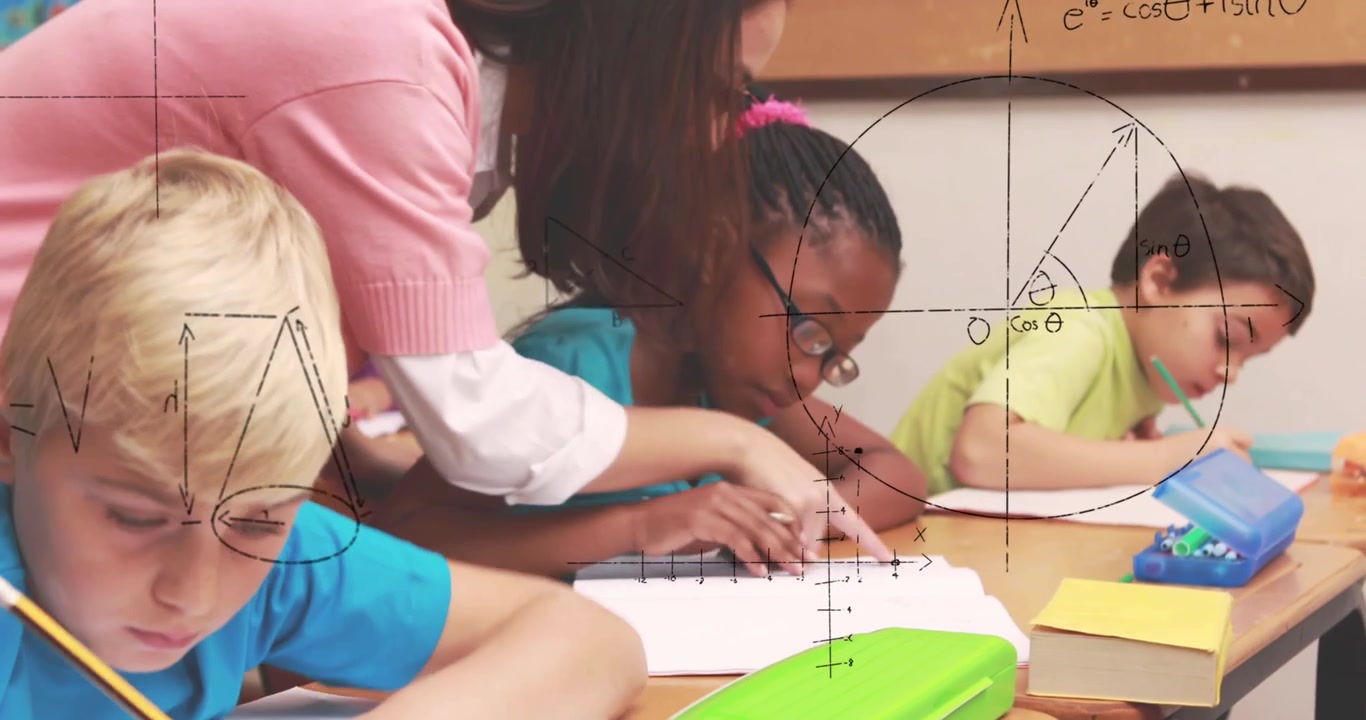 Animazione di formule matematiche su diversi alunni che studiano a scuola