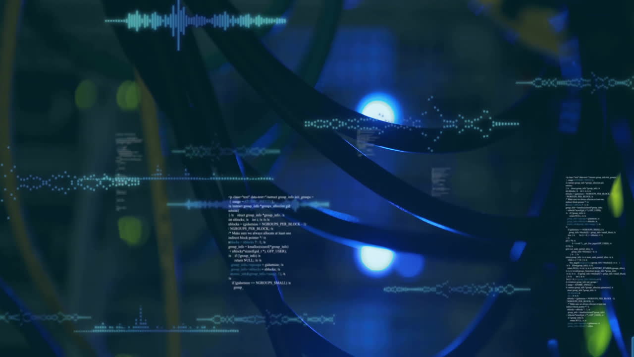 Animation of computer language and soundwaves over close up of wires in server room