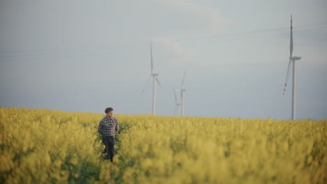 Agricultor-Entre-Plantas-Con-Flores-Amarillas-En-La-Granja