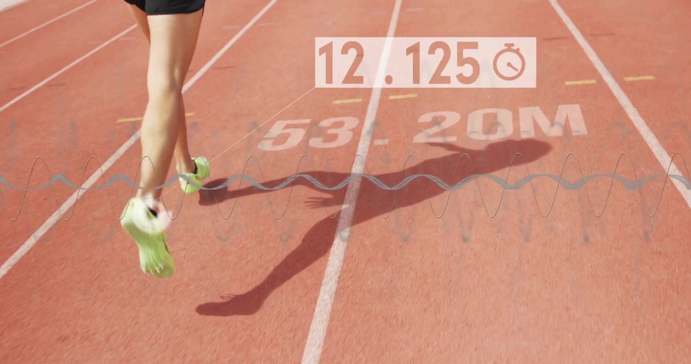 Sports timer starting male athlete sprinting past 55m with updating time distance waveform overlays