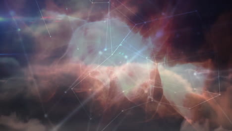 central glowing nodes forming network mesh over cloud-filled sky in animated illustration style
