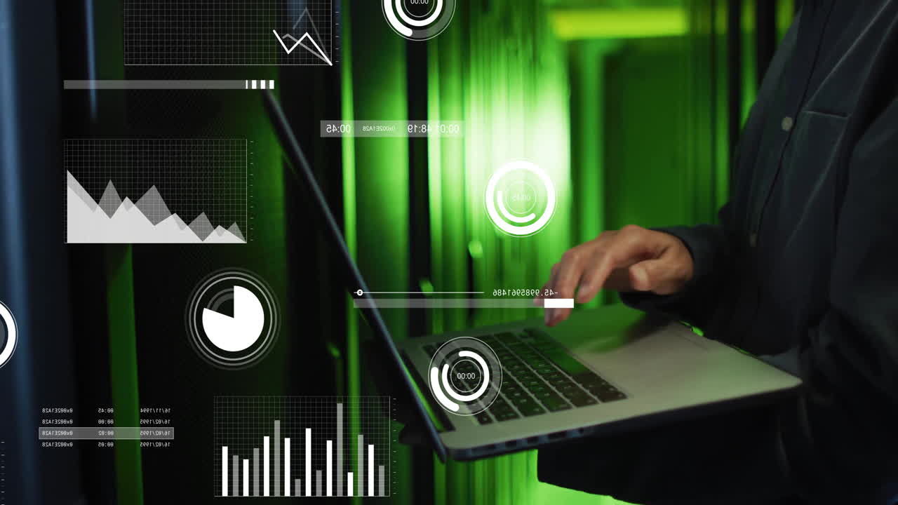 In school, person using laptop with animation of data analytics graphics