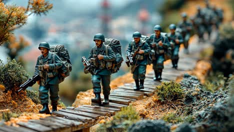 soldiers marching along a rugged path in the mountains