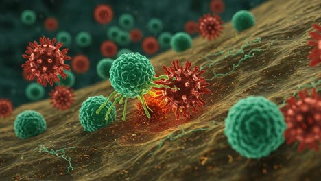 dynamic interaction of immune cells engaging pathogens: visualizing the battle between green t cells and red viruses on a cellular landscape