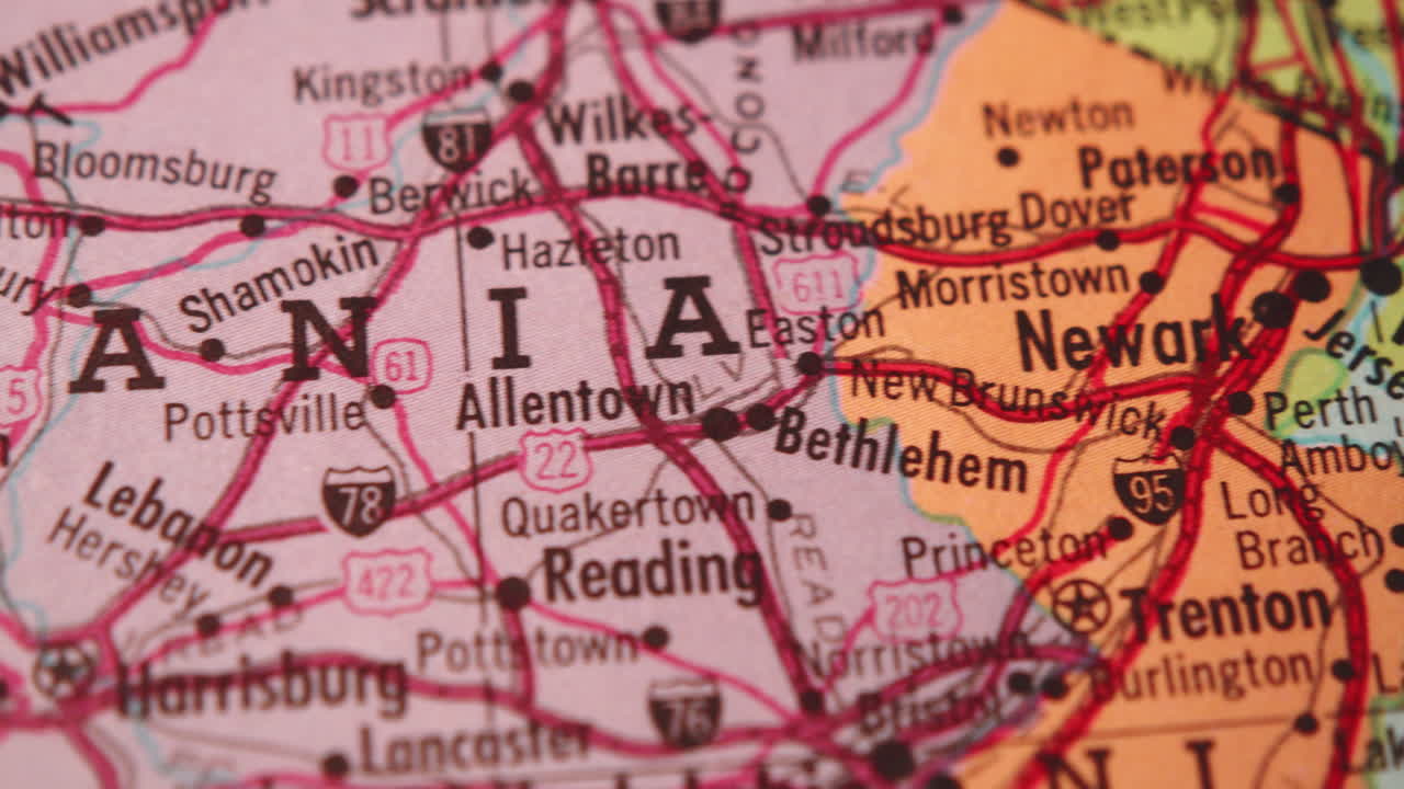 미국 의 종이 지도 의 클로즈업