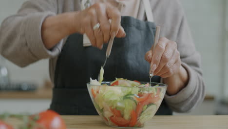 senior woman preparing a salad
