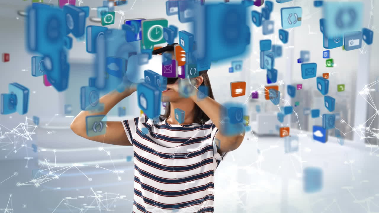 vr 헤드 ⁇ 을 사용하는 여성 위를 날아다니는 파란색 아이콘의 애니메이션