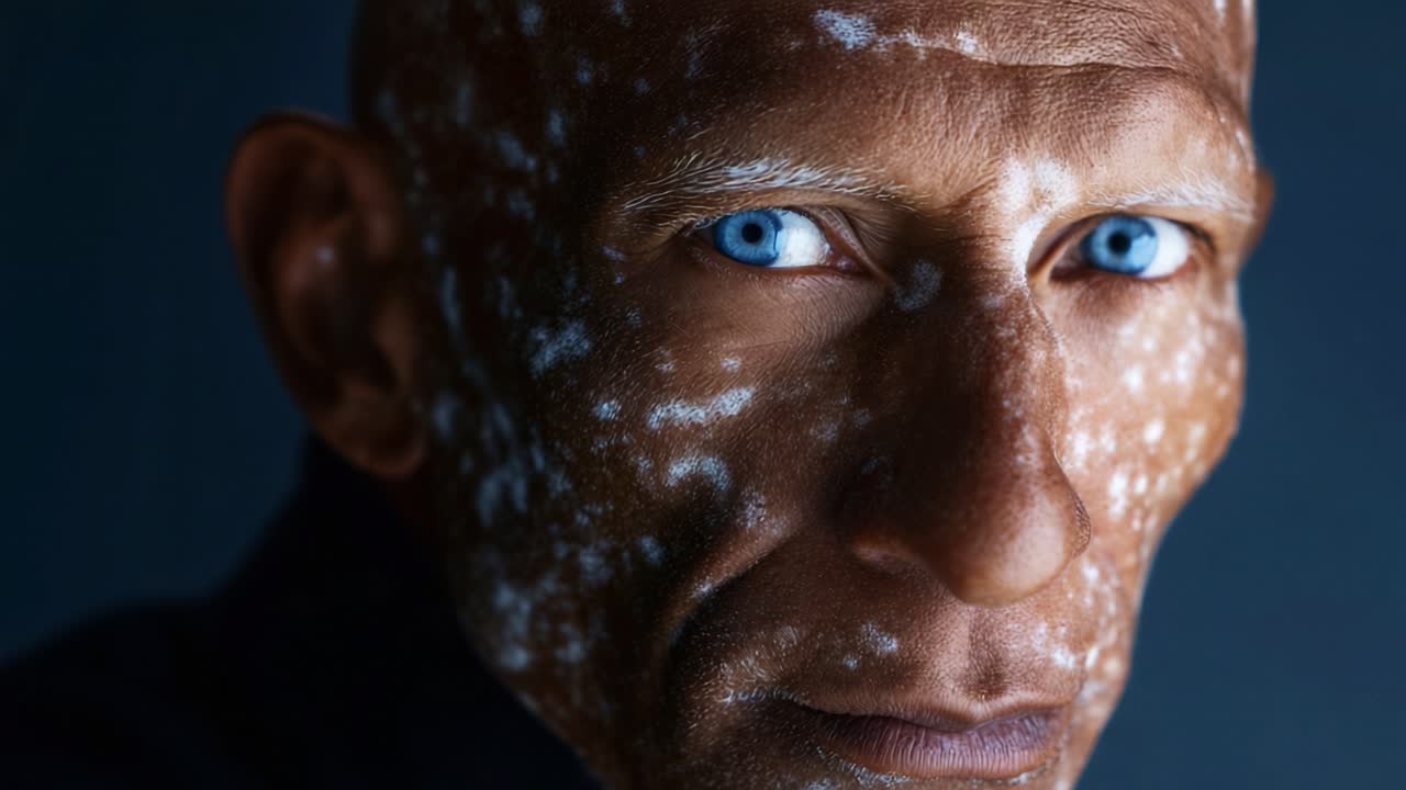 Intricate Portrait of a Person with Striking Blue Eyes and Textured Skin Patterns Illuminated by Light, Showcase of Unique Human Beauty and Expression in Captivating Detail