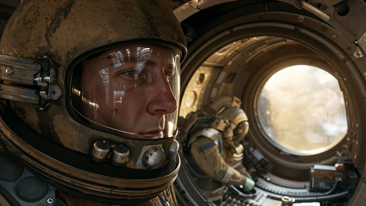 Astronaut med hjelm kigger i modulvinduet, sløret tegning, besætning ved panel, kopiplads