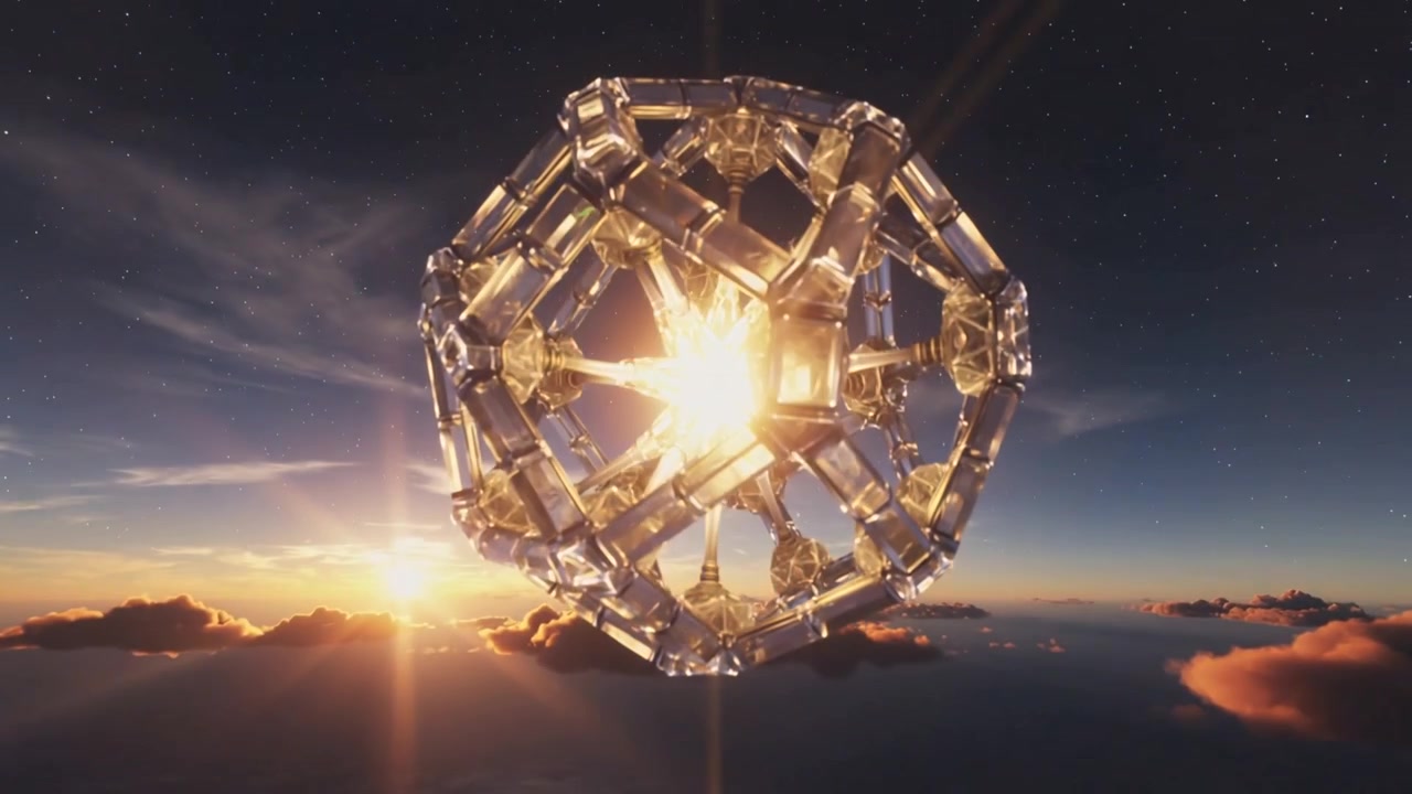Rotating metal crystal polyhedral orb revealing glowing core above clouds, sun causing lens flares