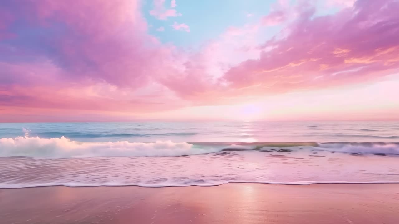 A serene beach scene at sunset with pastel skies and gentle waves, captured from a low angle