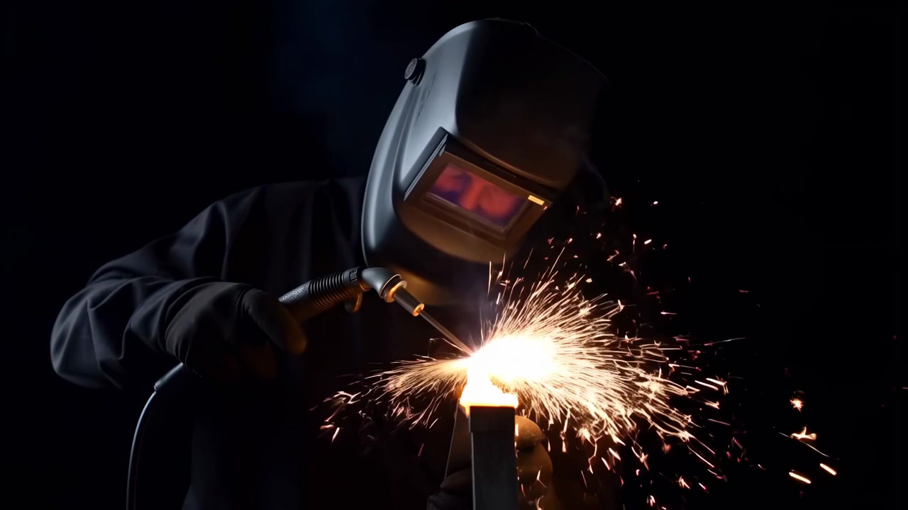 Metalworking action shows worker using tool on metal surface as sparks scatter across dark background with strong contrast lighting, close viewpoint, and visible changes during fabrication.