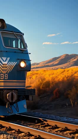 classic blue train travels through a scenic landscape at sunset
