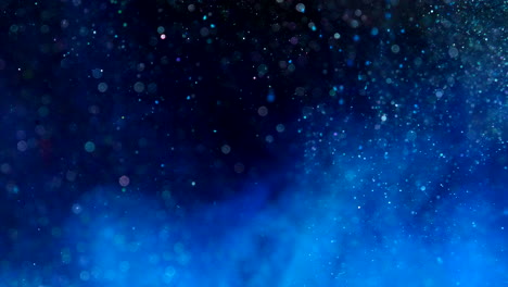 particles of blue bioluminescent ink flowing in liquid water with bokeh lights and smokey effects on dark black space science background loop