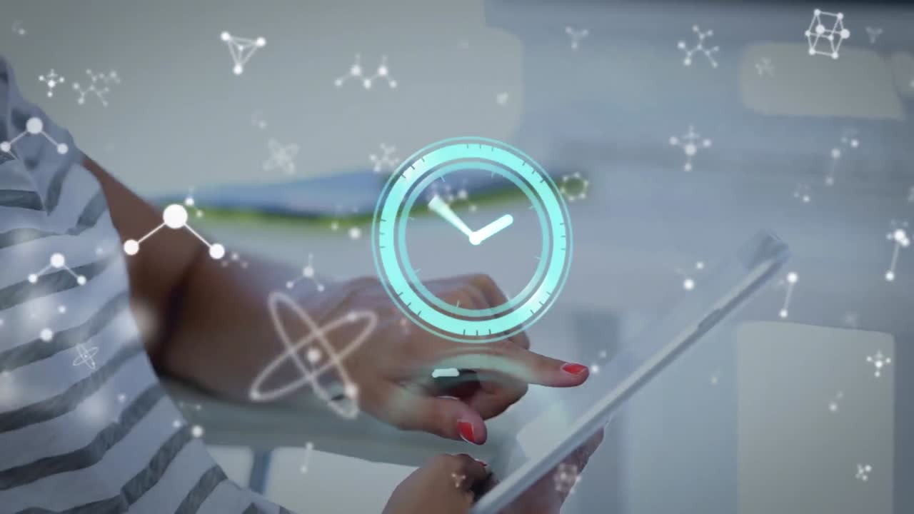 animación de reloj y moléculas sobre la gente studding