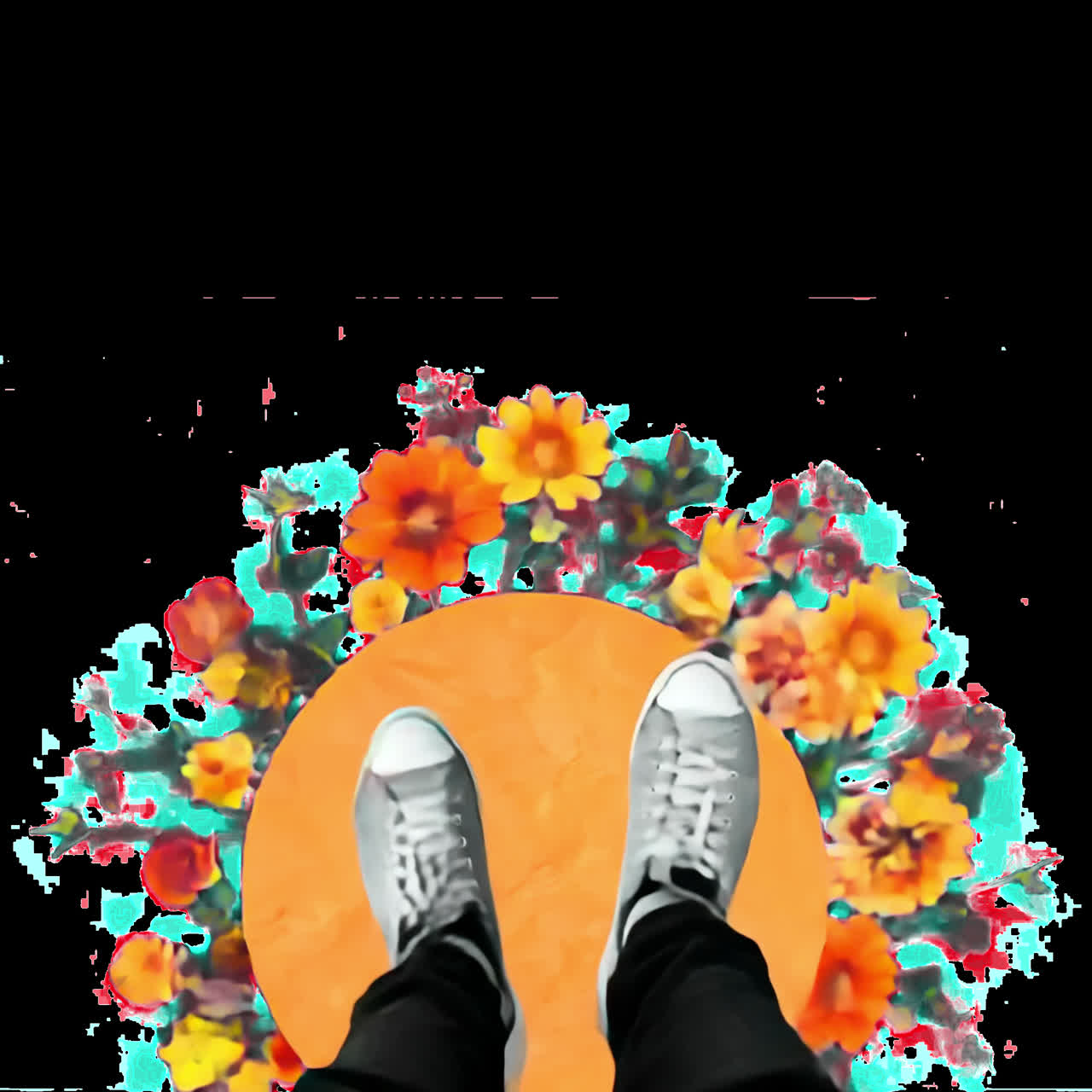 Overhead View of Feet with Colorful Animated Flowers