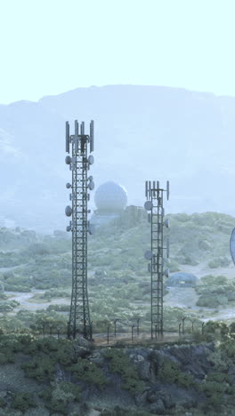 cell towers and satellite dishes in a desert landscape