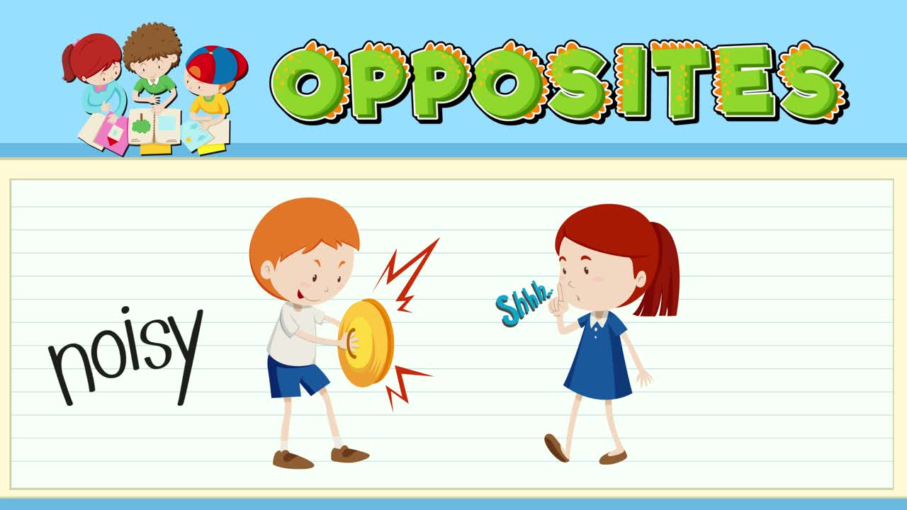 Children demonstrate the concept of opposites with a focus on noisy and quiet through playful animation and vibrant visuals