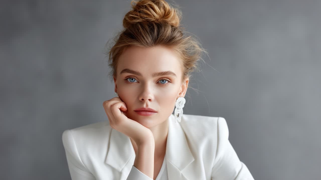 A poised young woman with a sophisticated hairstyle and elegant attire, gazes thoughtfully at the camera, embodying confidence and grace against a soft grey backdrop