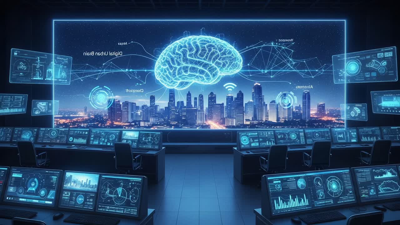 A Futuristic Control Room Showcasing Advanced Neural Technologies and Digital Brain Insights Overlooking a Modern City Skyline at Night