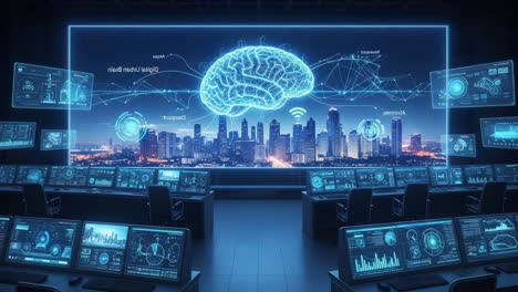 a futuristic control room showcasing advanced neural technologies and digital brain insights overlooking a modern city skyline at night