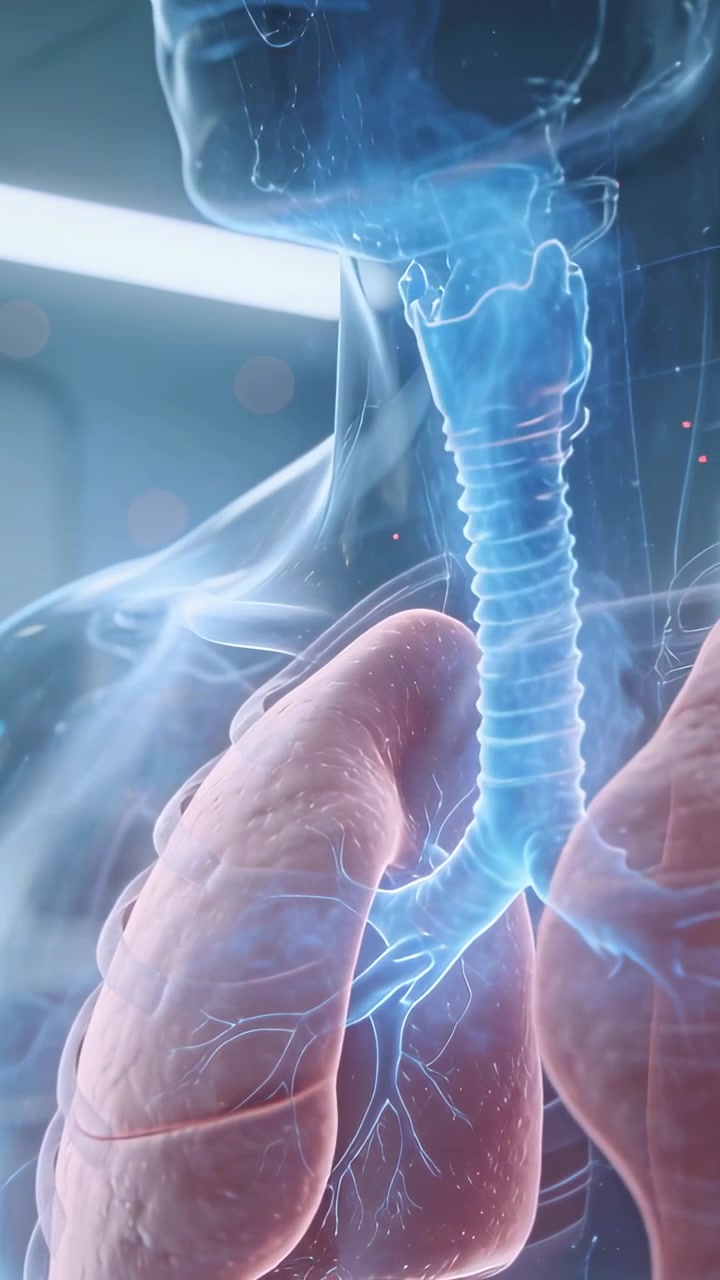 Video verticale: Telecamera che panoramica mostrando un torso trasparente in laboratorio, con trachea e polmoni per lo studio.