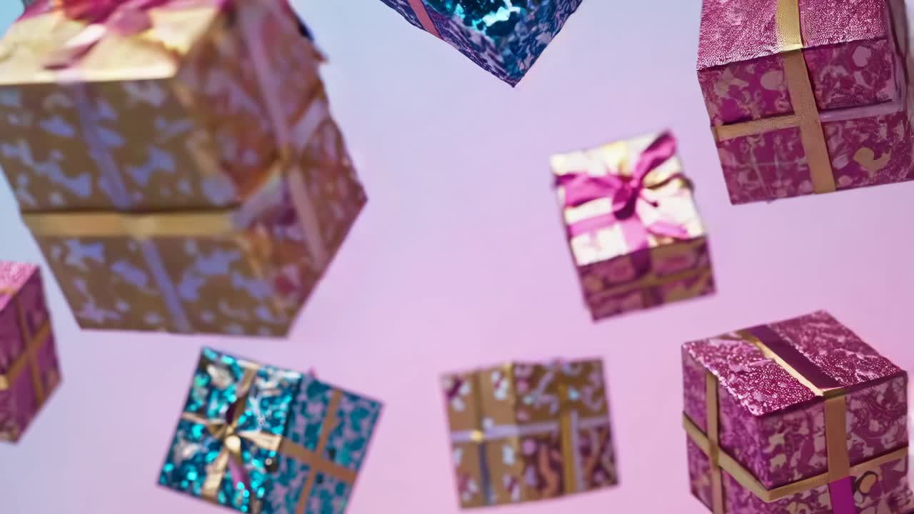 Cofanetti regalo fluttuanti con motivi metallici, ripresi da un angolo basso