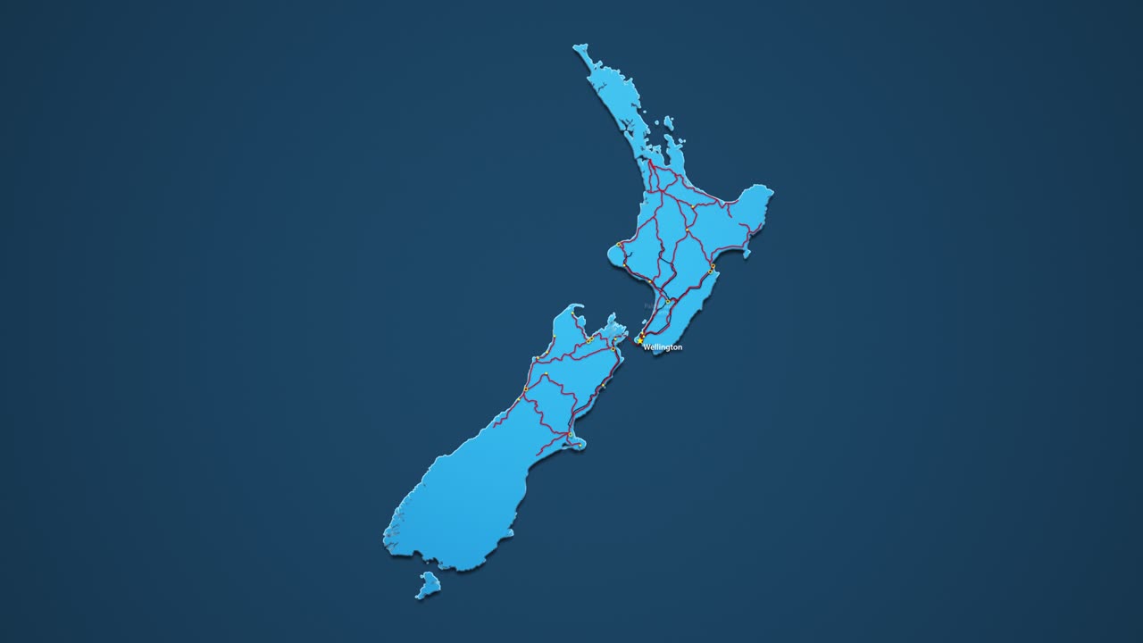 다크 블루 배경에 도시, 도로 및 철도와 함께 뉴질랜드의 밝은 파란색 지도.