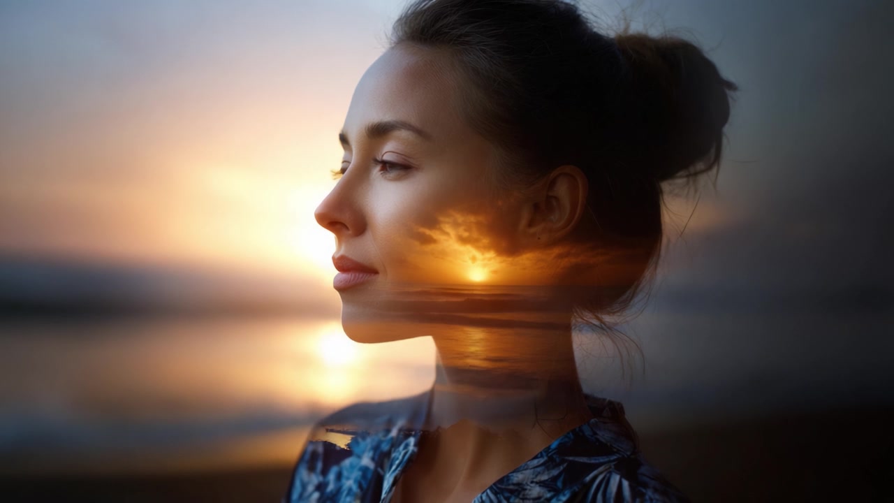 Un momento sereno capturado: el arte de la doble exposición fusiona el retrato de una mujer con una impresionante puesta de sol sobre el océano, creando una atmósfera onírica.