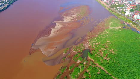 mekong river aerial view drone footage pan up vientiane laos 4k