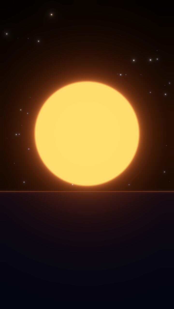 Vertical anime style sun disc rising above dark horizon beneath starry night sky. Glowing orange circle with radiant halo ascends smoothly. Evokes dawn and fresh new beginnings.