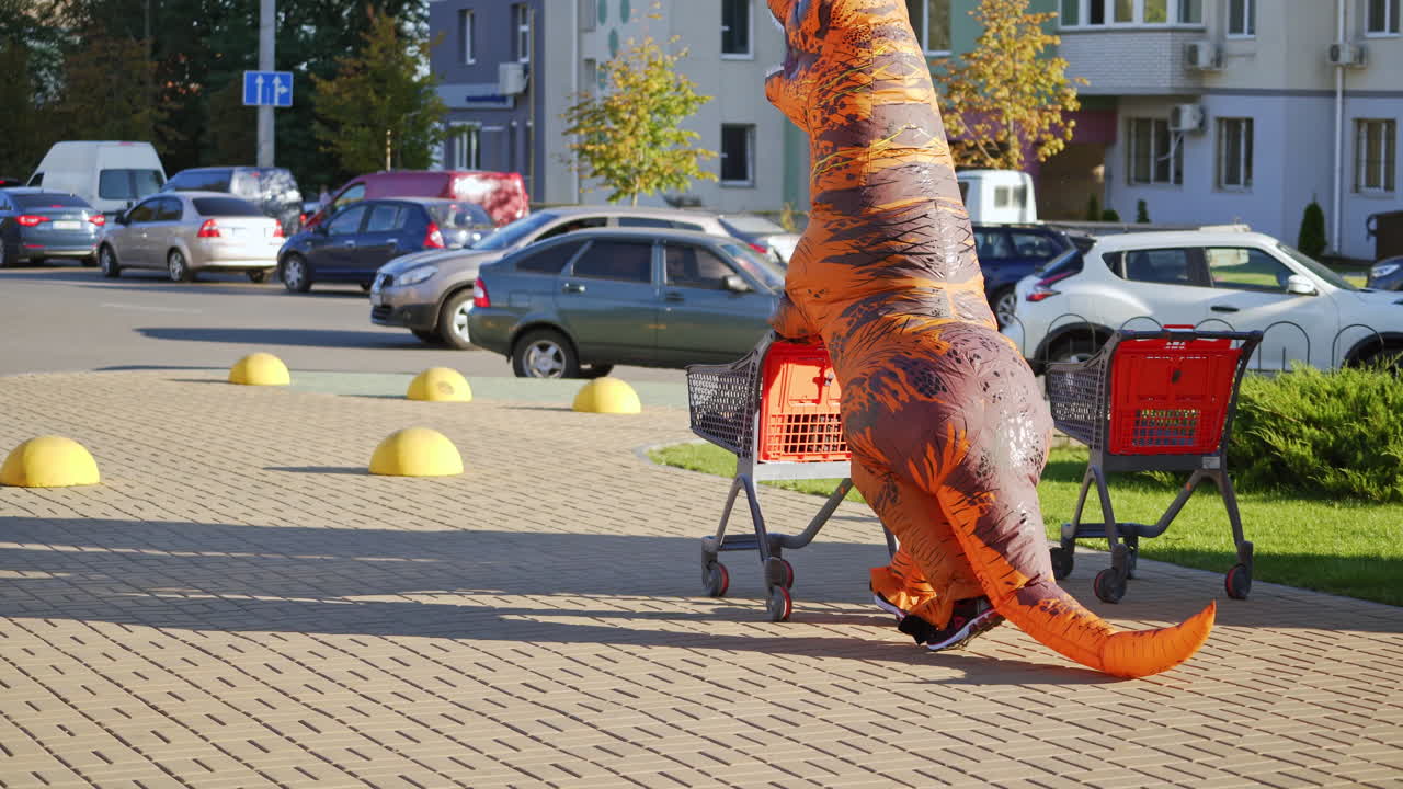 Man wearing the dinosaur costume walking by the street with the shopping cart. T-Rex in the city centre on sunny day has done shopping.