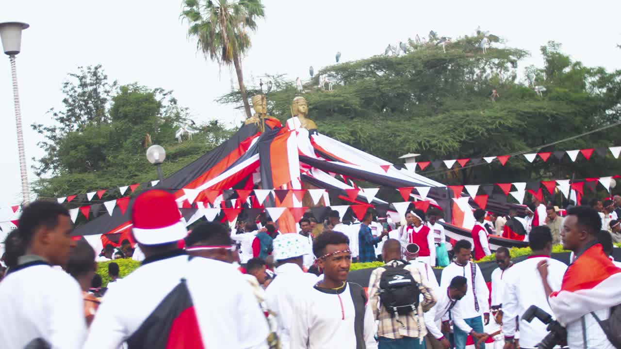 Oromo Ethiopian flag cover statue in Irreecha 2024 Celebration with traditional clothes and costume