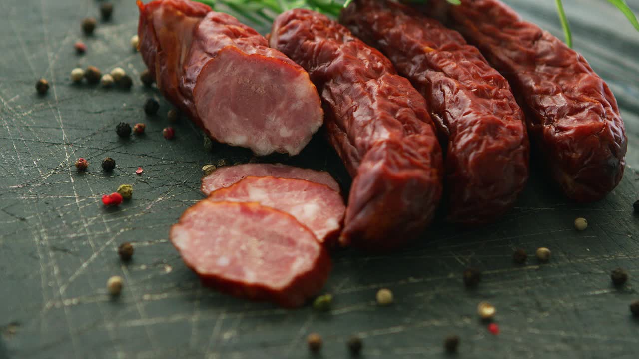 especias cerca de salchichas enteras