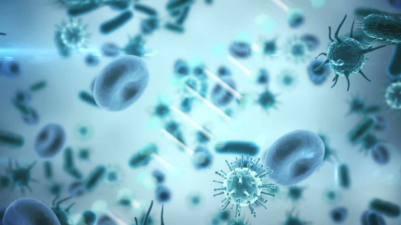 코로나 19 세포 위에 회전하는 dna 가닥의 애니메이션