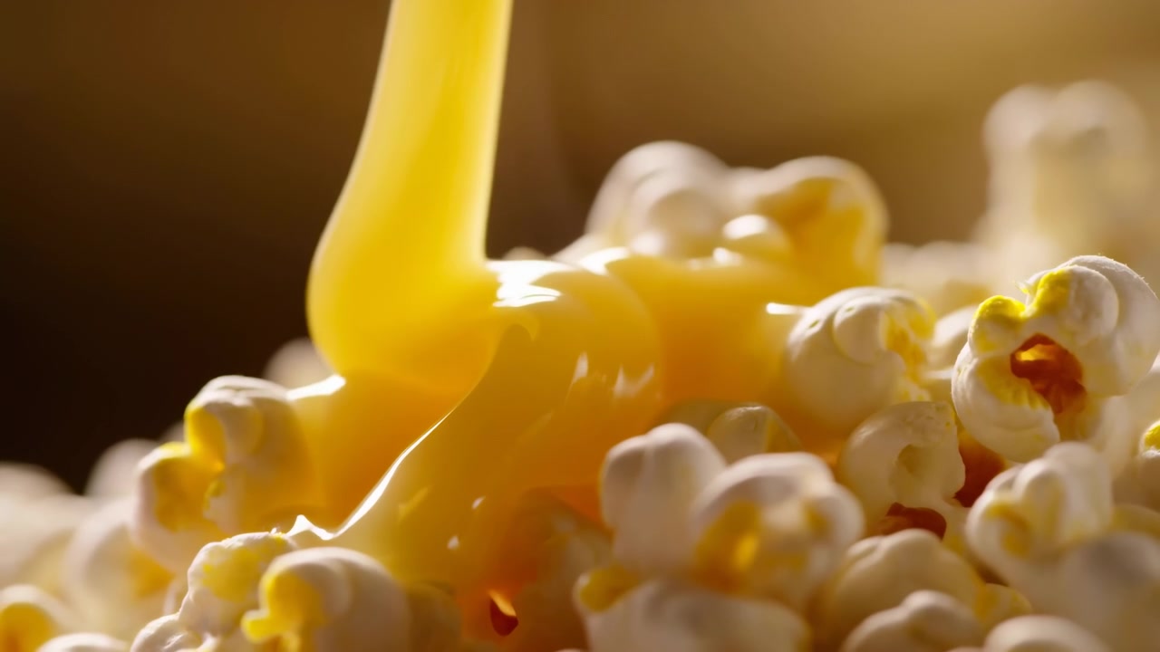 Burro giallo viscoso cola dall'alto e si spande in pozze lucide e rivoli su un mucchio di popcorn scoppiati, una stretta vista macro mostra chicchi cremosi con creste porose, luce calda e ricca texture