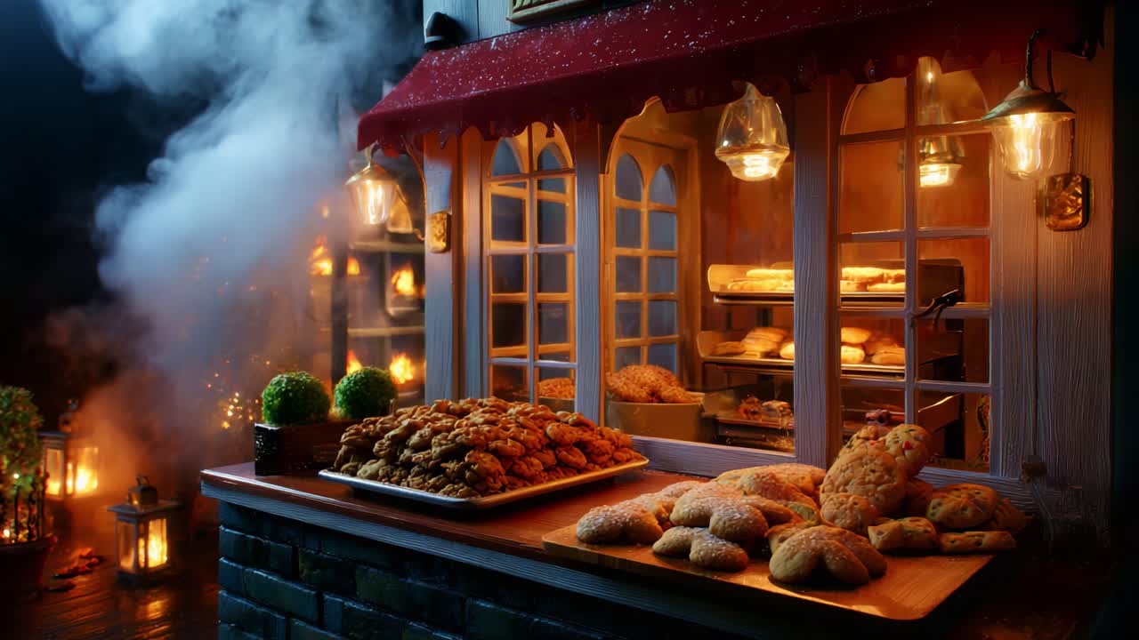 A Charming Bakery Scene at Night with Deliciously Baked Goods Showcased Outside, Illuminated by Warm Lanterns and Soft Smoke, Perfect for Evoking the Cozy Atmosphere of Freshly Baked Pastries