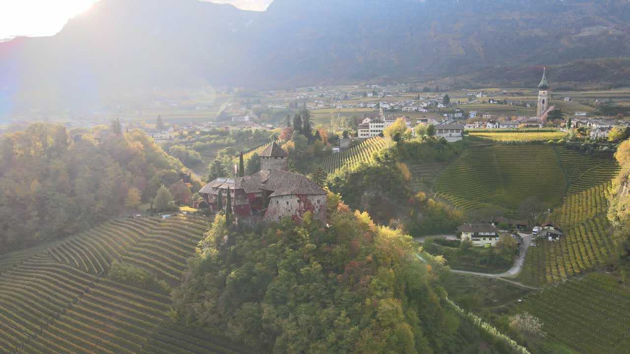 이탈리아 알프스의 포도밭 한가운데 있는 중세 성의 공중 드론 비디오