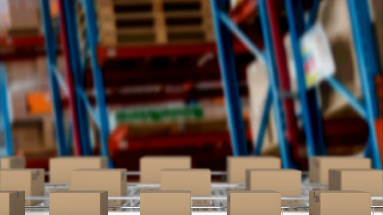 animación de cajas de cartón que se mueven en cintas transportadoras sobre el almacén