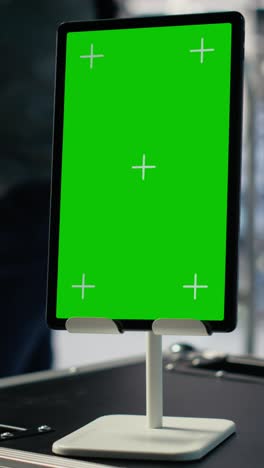 vertical video data center workers monitor ai processes with isolated screen tablet